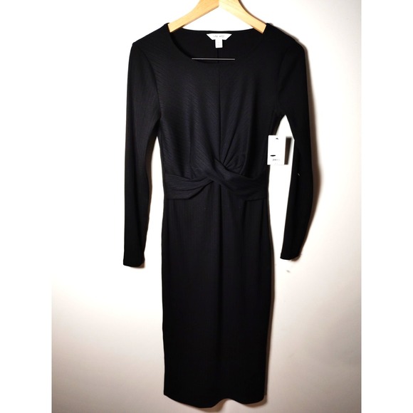NWT Nine West Black Front Twist Long Sleeve Spandex Blend Black Goth Dress XS - Picture 2 of 9